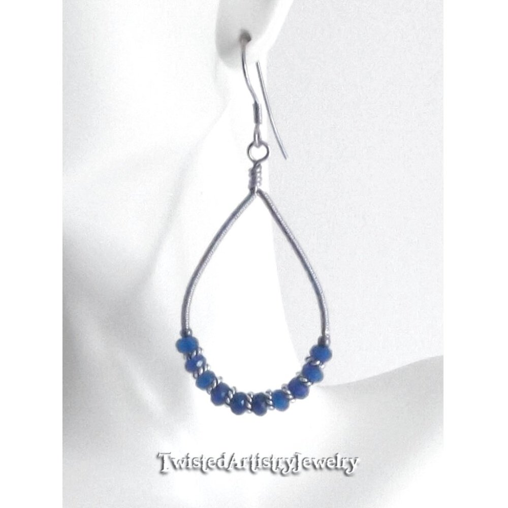 Blue Jade Titanium Wire Wrapped Teardrop Hoop Earrings - Picture 3 of 4